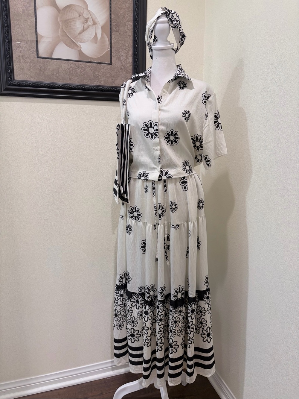 Double D, Bangkok Black & White Floral Blouse and Maxi Skirt Set, one size NWOT